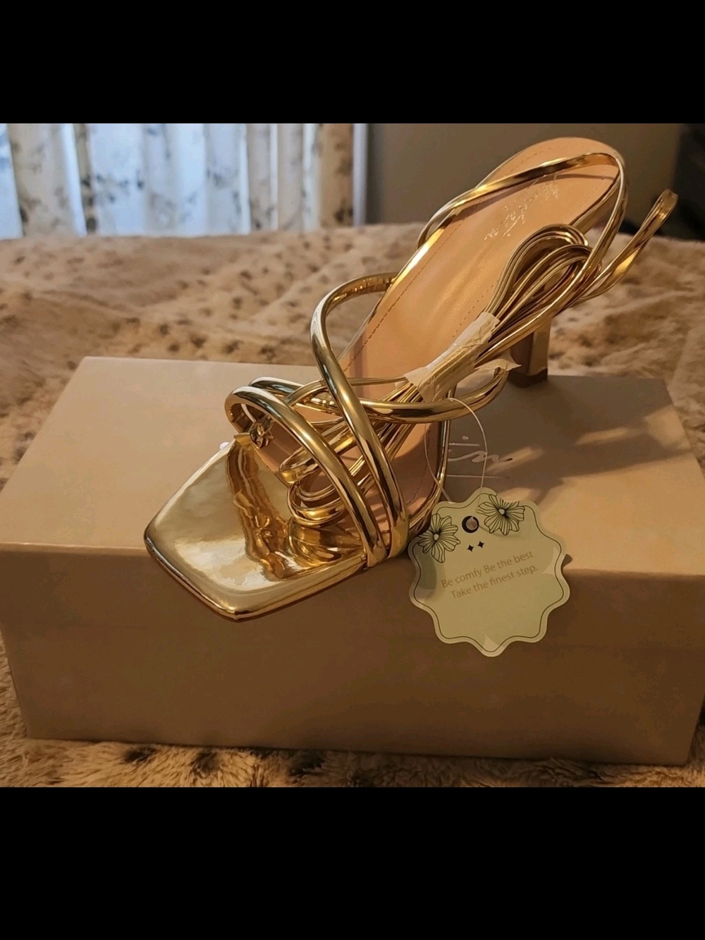 Mostrin Gold Strappy Square Toe Slip On Block Heel Sandals Faux Leather 9